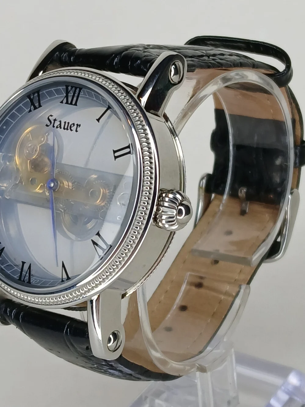 ​Stauer Men's Mechanical Skeleton Watch Blue Hands Leather Strap 3ATM Box 19891
